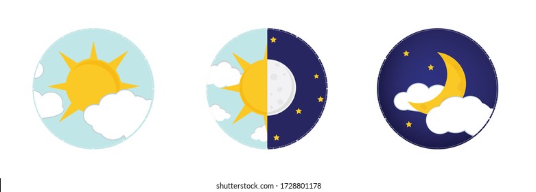 Vector Illustration Of Day And Night. Day Night Concept, Sun And Moon, Day Night Icon