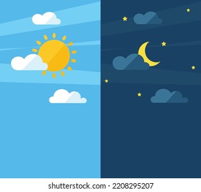 Vector illustration of day and night. Day night concept, sun and moon, day night icon