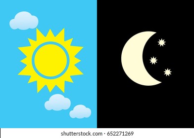 Vector illustration of day and night. Day and night concept, sun and moon, day and night clouds and stars icon.