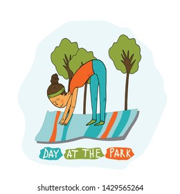 Vector illustration, day in the Park. Girl doing yoga in the fresh air. Lifestyle. Cartoon colorful vector illustration.