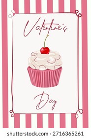 Vector illustration of a Valentine’s Day pastry topped with milk cream and cherry. Cute flat design with soft colors and a romantic festive mood, ideal for greeting cards, packaging, posters