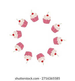Ilustração vetorial de uma massa do Dia dos Namorados coberta com creme de leite e cereja. Quadro plano bonito com cores suaves e um humor festivo romântico, ideal para cartões de saudação, embalagem, cartazes