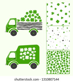 Vector illustration to the day of St. Patrick. Cars with clover. Pattern.