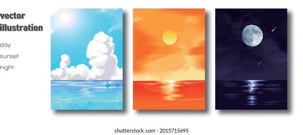 Vector illustration of day, sunset, and night background. landscape illustration that added fantasy and moody feeling.