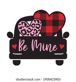 Vector illustration of Valentine’s day truck with leopard print and buffalo plaid patterned hearts.