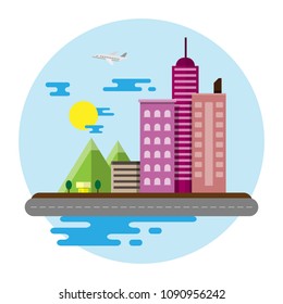 vector illustration, Daytime cityscape in flat style isolated on white background.