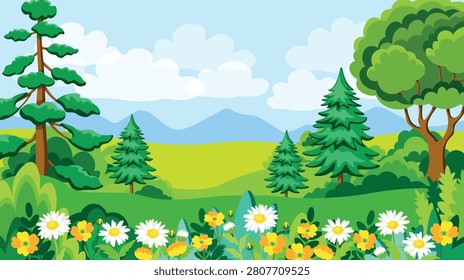 Vector illustration of daytime summer landscape. Cartoon scene: blue sky with fluffy clouds, mountains, meadows, coniferous trees, fir trees, bushes, grass, yellow and white flowers, buds, leaves.
