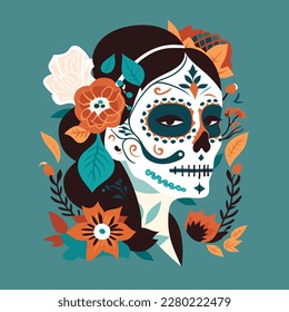 A vector illustration of Día de los Muertos theme Sugar Skull Woman.