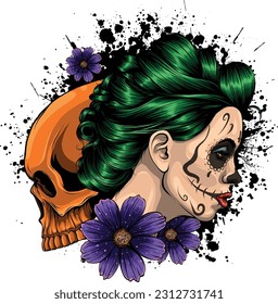 vector illustration of Dead girl with skull