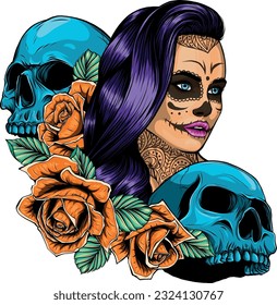 vector illustration of Dead girl with two skulls.