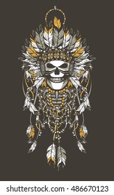 vector illustration of a dead Indian chief in a headdress of feathers and attributes of power