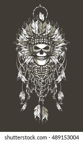 vector illustration of a dead Indian chief in a headdress of feathers and attributes of power