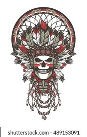 vector illustration of a dead Indian chief in a headdress of feathers and attributes of power