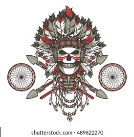 vector illustration of a dead Indian chief in a headdress of feathers and attributes of power
