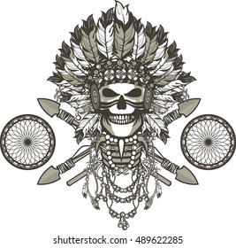 vector illustration of a dead Indian chief in a headdress of feathers and attributes of power
