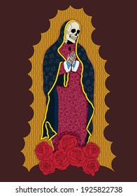 A vector illustration of a dead lady of Guadalupe with a roses and a floral patterned dress. 