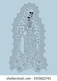 A vector illustration of a dead lady of Guadalupe with a roses and a floral patterned dress. 