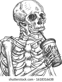 Vector illustration of dead skeleton skull drinking coffee from paper takeaway cup through straw. Hot aroma drink passion. Vintage hand drawn style.