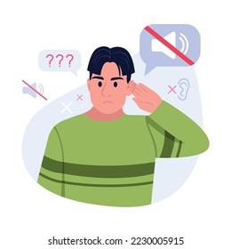 Vector illustration of deaf-mute. Cartoon scene with deaf-mute guy who can't hear anything and with signs without sound on white background.