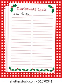 A vector illustration of a 'Dear Santa' blank Christmas list on festive background. Space for text.