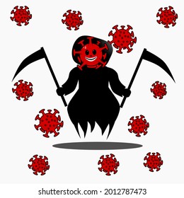 vector illustration of death angel with corona virus face holding a death scythe axe