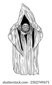 Vector illustration of death in a cloak and with a burger in engraving style