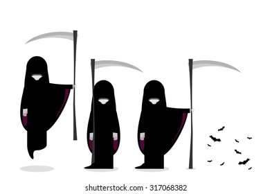 Vector illustration if the death figure in three different positions. 
Group of bats in the corner of the image.
