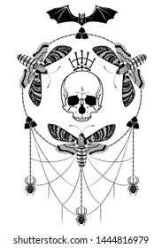 Vector illustration with death head butterflies, spiders with spiderweb, bat, scull and chain in black, grey and white. 