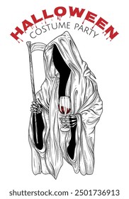 Vector illustration of death in a hood with a scythe and a glass of wine in an engraving style