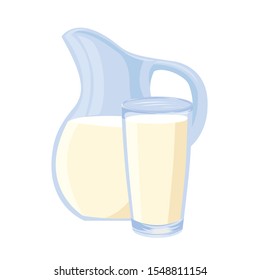 
Vector illustration of a decanter with milk and a glass with milk on a white background.