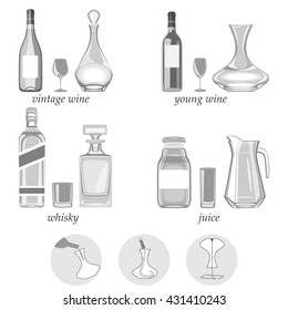 vector illustration. decanters-their types,purpose and way of caring for them.