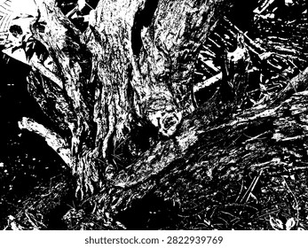 Vector illustration of decayed dry tree branch and weathered wood bark on ground in high contrast black stencil silhouette. Rotted wood texture graphic.