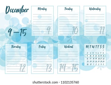 Vector illustration of December 2019 Weekly planner with abstract winter background. For print notebooks, format A5. Cute page for notes. Daily planner 2019 calendar for companies and private use.