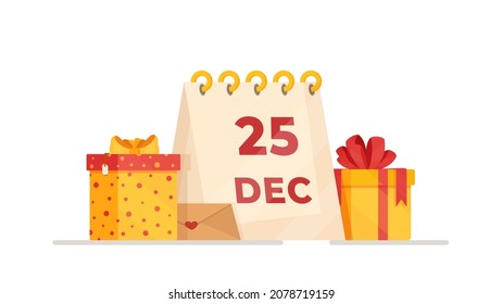 Vector illustration of december calendar. December 25 - Merry Christmas. Holiday. Gifts. 