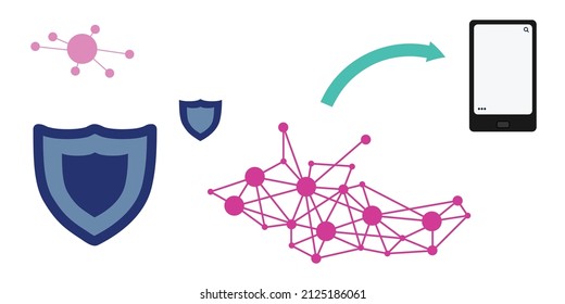 vector illustration of decentralized app and shield for safety and protection of data