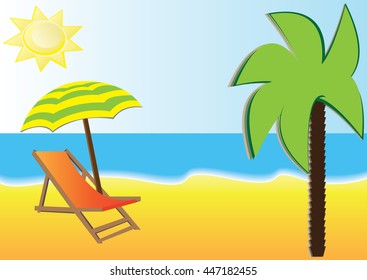 Vector illustration of deck chair on beach beside ocean or sea under umbrella and palm