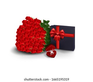ilustración vectorial declaración de amor con un ramo de 101 rosas y anillos rojos en una caja con una caja de regalo aislada en un fondo blanco