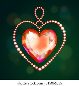 Vector illustration:  decor in form of heart made of red glittering crystals isolated on dark green background with shining circles