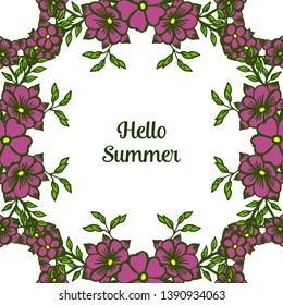 Vector illustration decor hello summer with ornate of purple flower frame