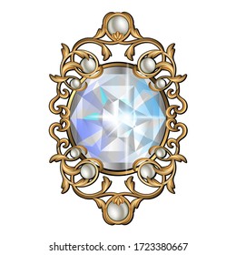 Vector illustration decor jewelry made of gold with precious stones large diamond and pearls