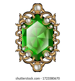 Vector illustration decor jewelry made of gold with precious stones large emerald and pearls