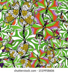 Vector illustration. Decor on green, white and black background for clothing design. Seamless background of colorful butterflies.