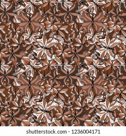 Vector illustration. Decor on white, beige and brown background for clothing design. Seamless background of colorful butterflies.
