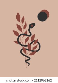 Vector illustration for decor wall. Snake, eclipse and botanical elements. Boho illustration for print, poster, cover or, tattoo.