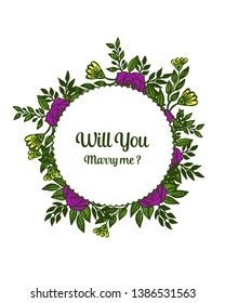 Vector illustration decor will you marry me with abstract of purple rose flower frame