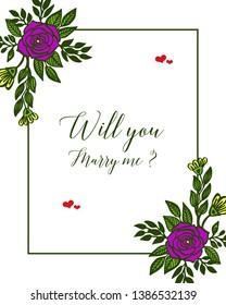 Vector illustration decor will you marry me with abstract of purple rose flower frame