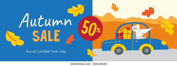 Vector illustration decorated with autumn oak leaves with cute rat and discount text. Can be used as template for web banner, shopping promo poster, leaflet, card.