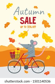 Vector illustration decorated with autumn oak leaves with cute rat and discount text. Can be used as template for web banner, shopping promo poster, leaflet, card.