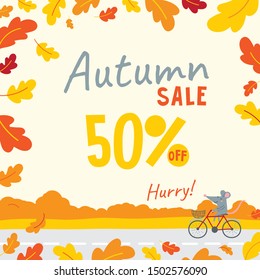 Vector illustration decorated with autumn oak leaves with cute rat and discount text. Can be used as template for web banner, shopping promo poster, leaflet, card.