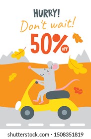 Vector illustration decorated with autumn oak leaves with cute rat and discount text. Can be used as template for web banner, shopping promo poster, leaflet, card.